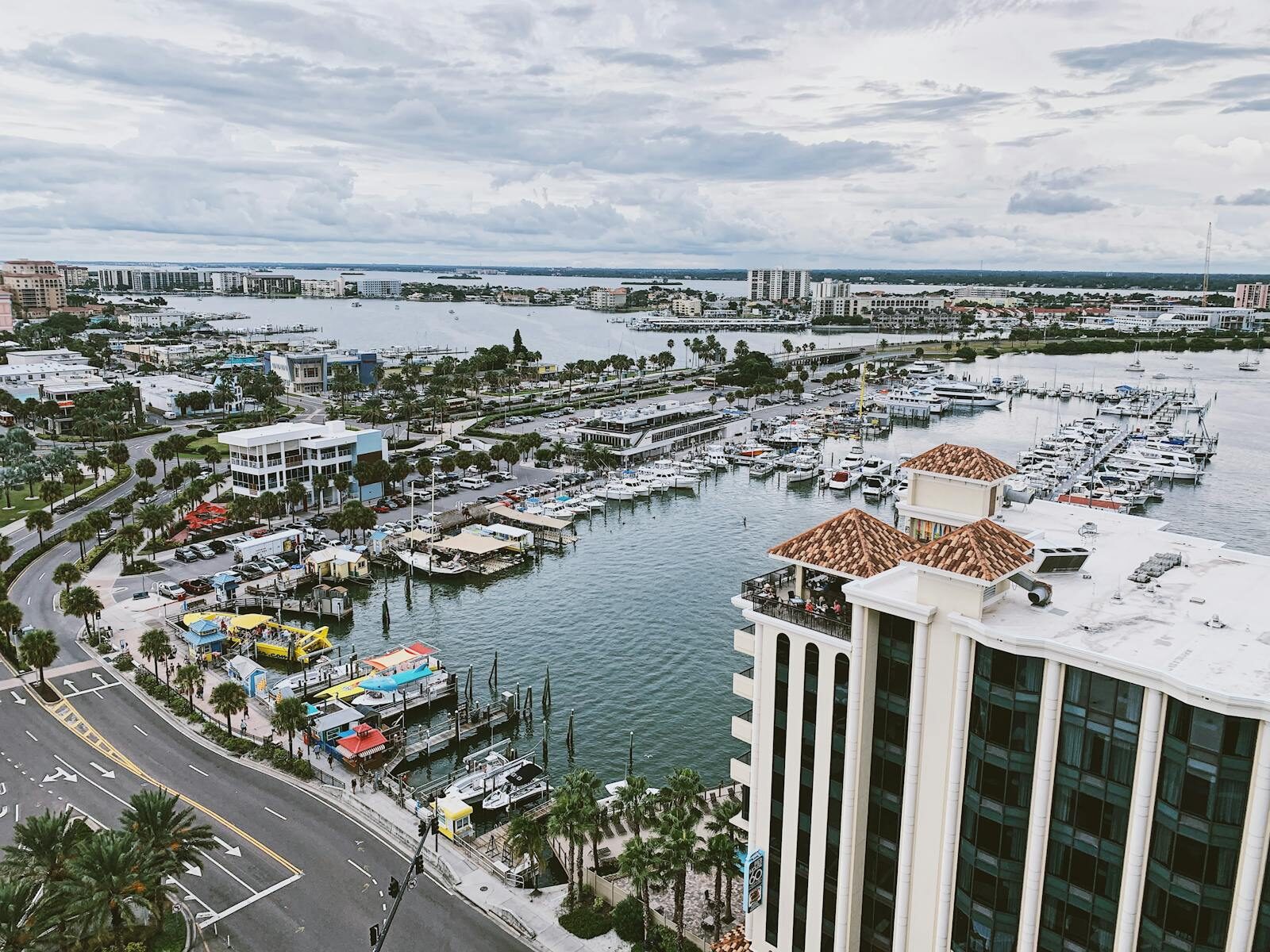 Panoramic aerial view of Clearwater Marina, showcasing the vibrant cityscape and coastline.